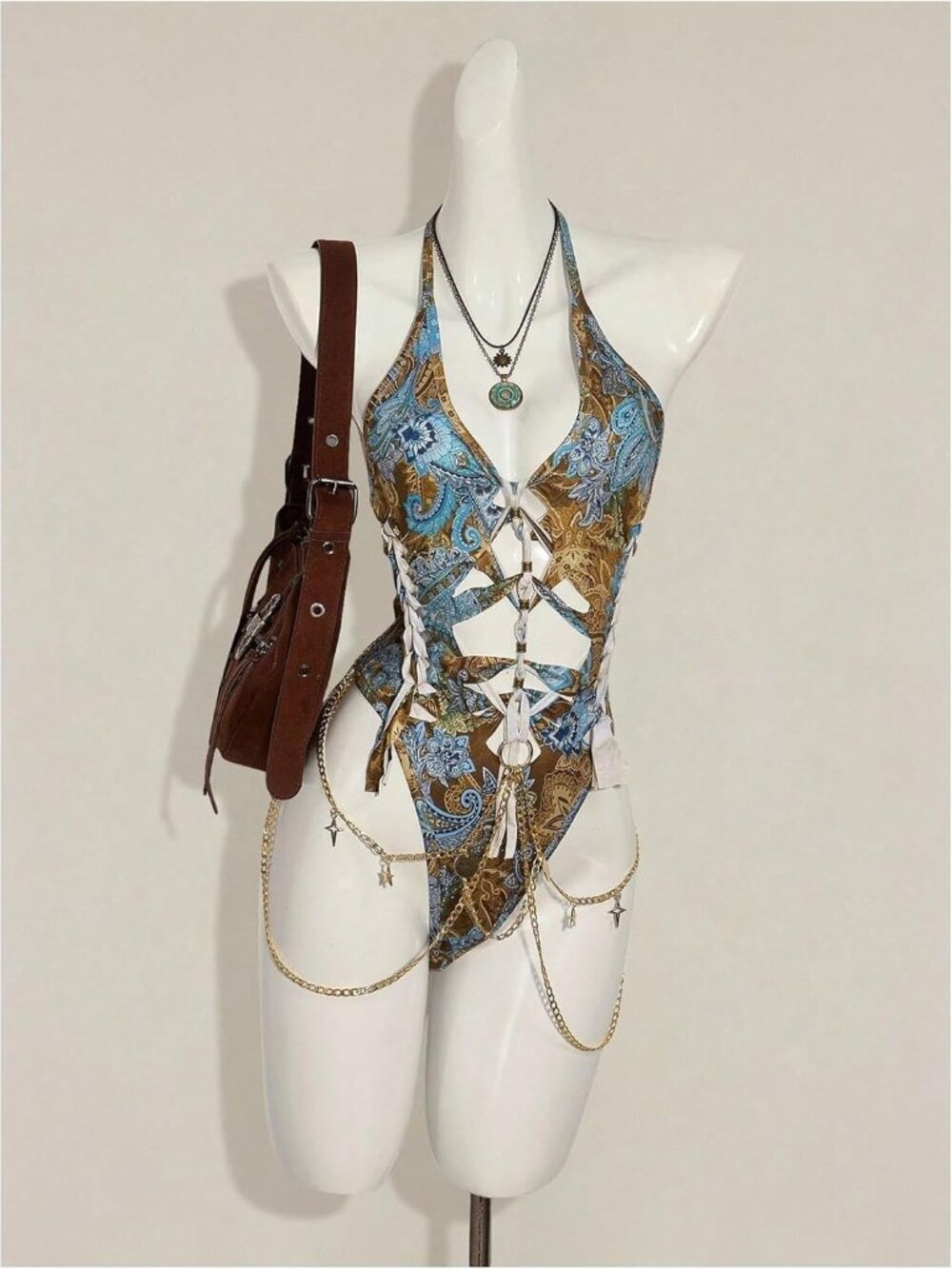 Women's Blue Gothic Cut Out Lace Up Bodysuit Going Out Halter Neck Rave - Picture 1 of 5
